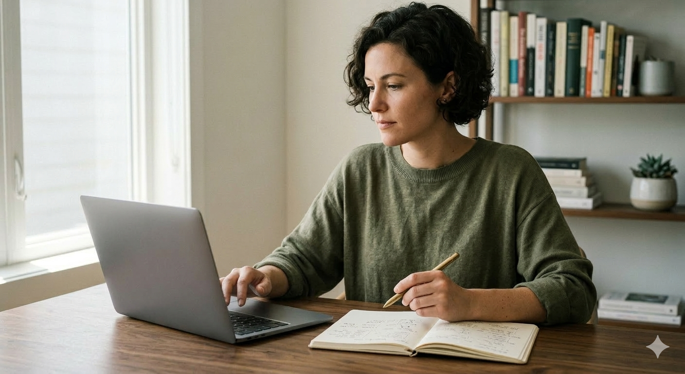 Woman working at desk with laptop and notebook